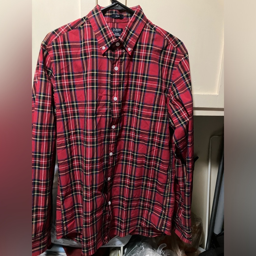 J.Crew Mens Flex Washed Slim Plaid Red Tartan Long Sleeve Button Up Shirt M